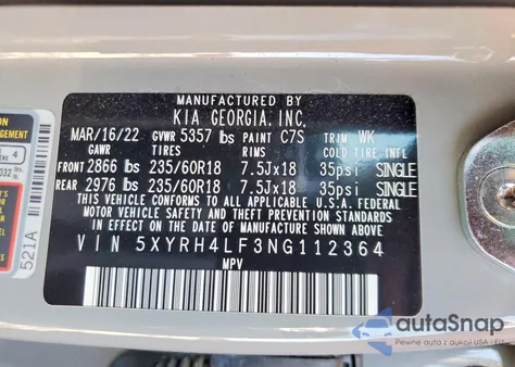 2022 Kia Sorento Ex z USA, uszkodzony, nr VIN 5XYRH4LF3NG112364